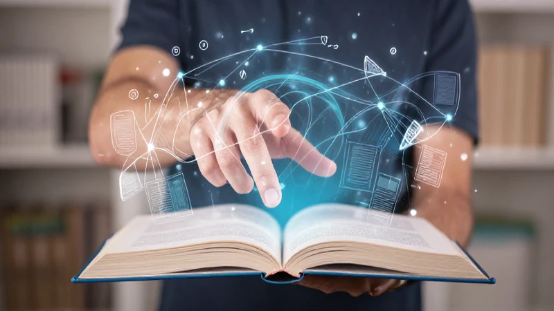 Manos estilizadas buscan saber en un libro brillante