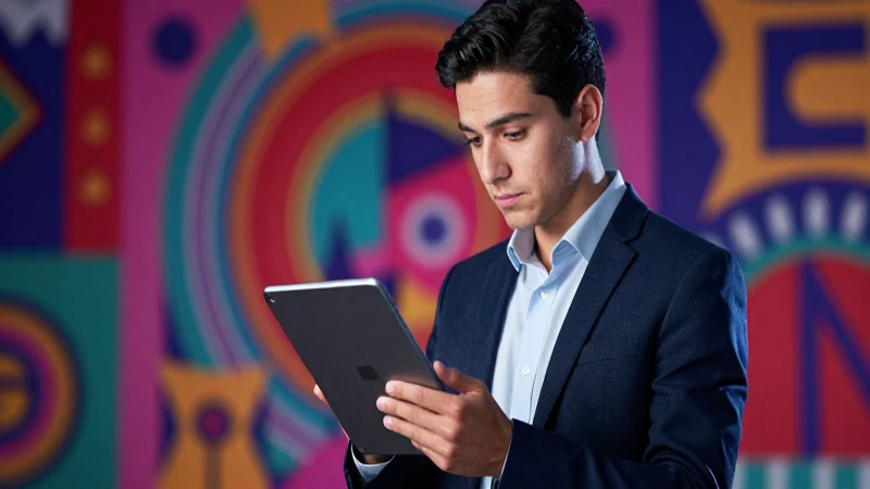 Educador estudia información moderna con estilo artístico mexicano