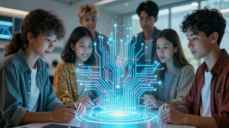 Estudiante con circuito holográfico y luz futurista