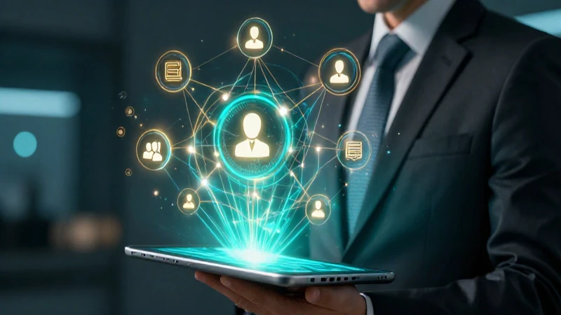 Ejecutivo futurista con red de ideas digitales