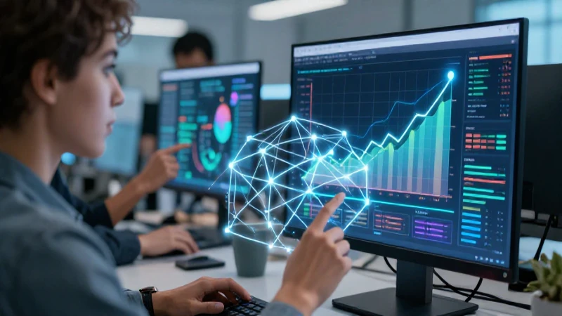Profesional estudia datos en revista digital moderna