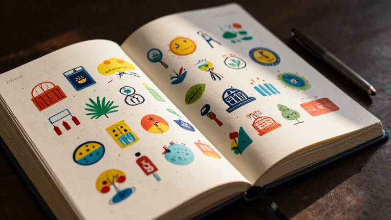 Ilustración vibrante de un cuaderno con iconos conceptuales