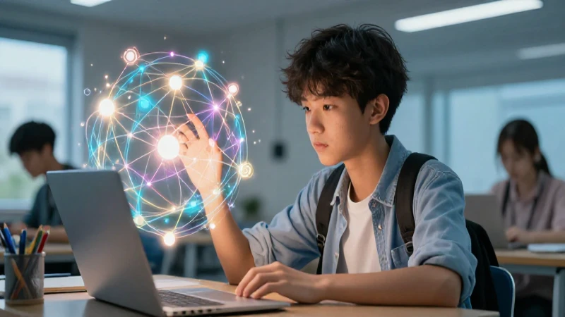 Estudiante resolviendo problemas en un entorno digital futurista