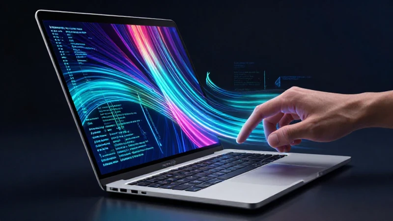 Concepto de computador: Elementos, hardware y software 5 Código digital vibrante en laptop elegante