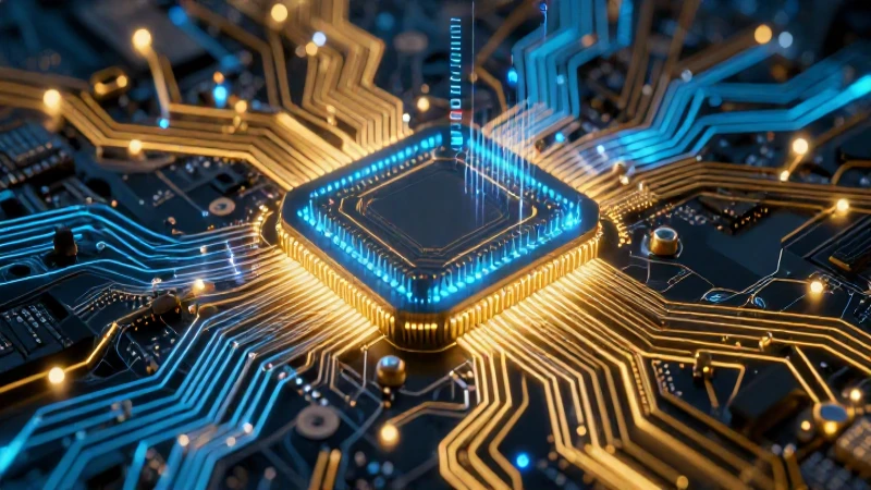 Concepto de computador: Elementos, hardware y software 6 Tablero futurista dorado e azul con datos complejos