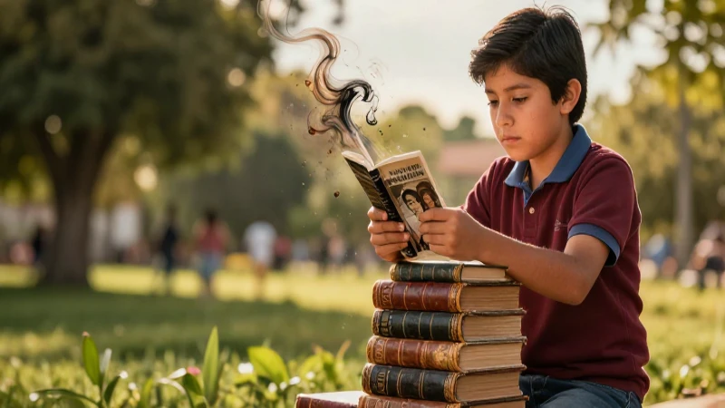Estudiante mexicano con libros mágicos dinámicos y educativos