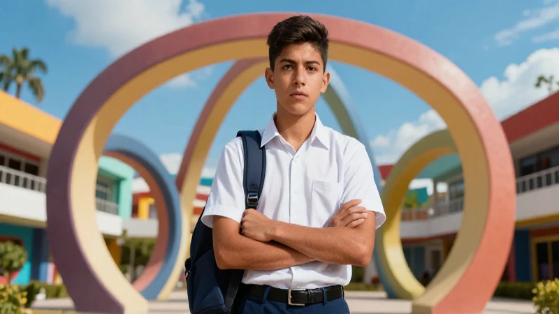 Estudiante mexicano con diseño educativo futurista vibrante