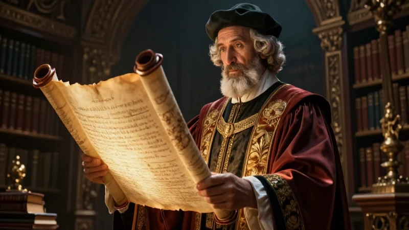 Ilustración digital de un erudito histórico en una biblioteca oscura