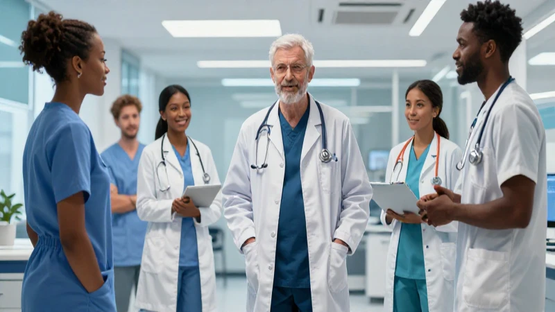 Equipo médico diverso en clínica moderna