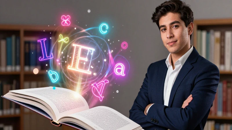 Joven académico ilustrado con léxico vibrante y moderno