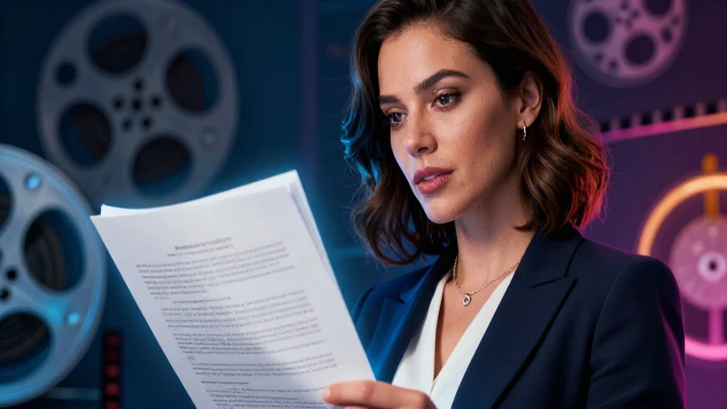 Qué es un guión en el cine Definición y concepto explicados 6 Mujer profesional sostiene guion frente a fondo cinematográfico