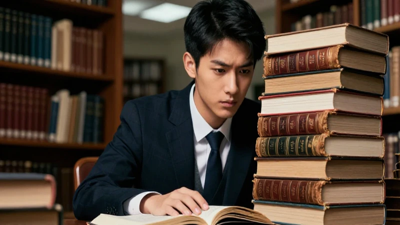 Joven académico estudia intensamente libros antiguos