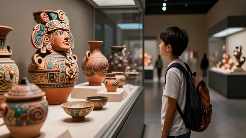 Conoce qué es un museo y sumérgete en la historia y el arte 4 Estudiante observa cerámica antigua en museo moderno