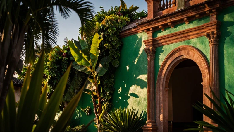 Arquitectura mexicana vibrante y natural con luz dorada
