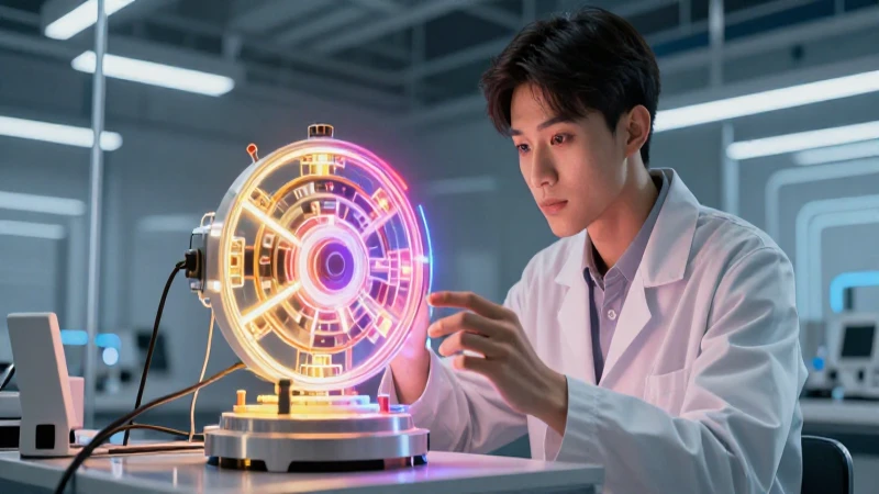 Experto revisando prototipo futurista brillante