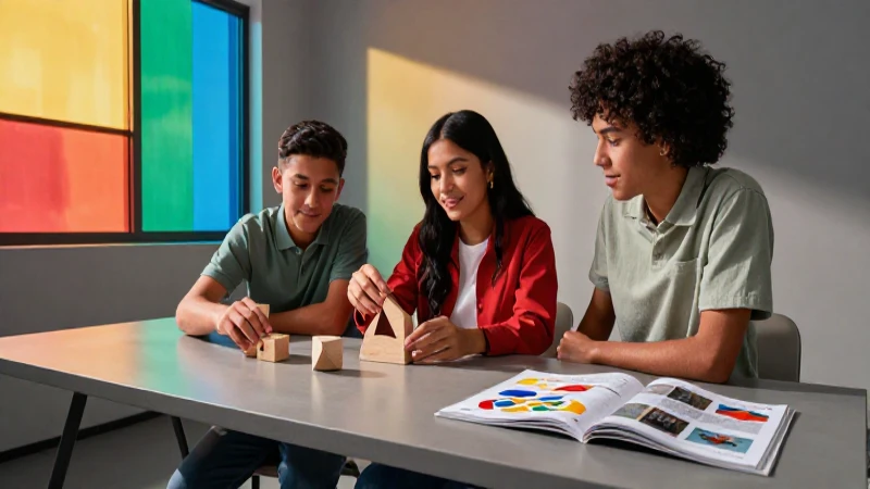Estudiante mexicano juega con bloques geométricos minimalistas