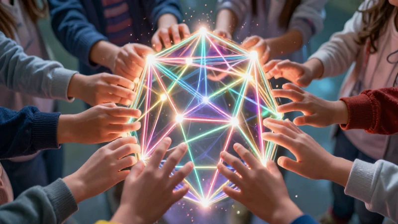 Manos explorando estructura geométrica luminosa