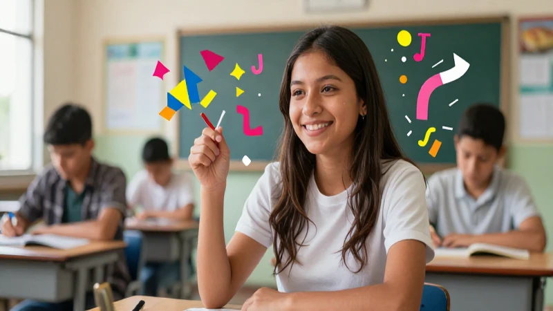 Estudiante mexicano sonriente y abstracciones geométricas