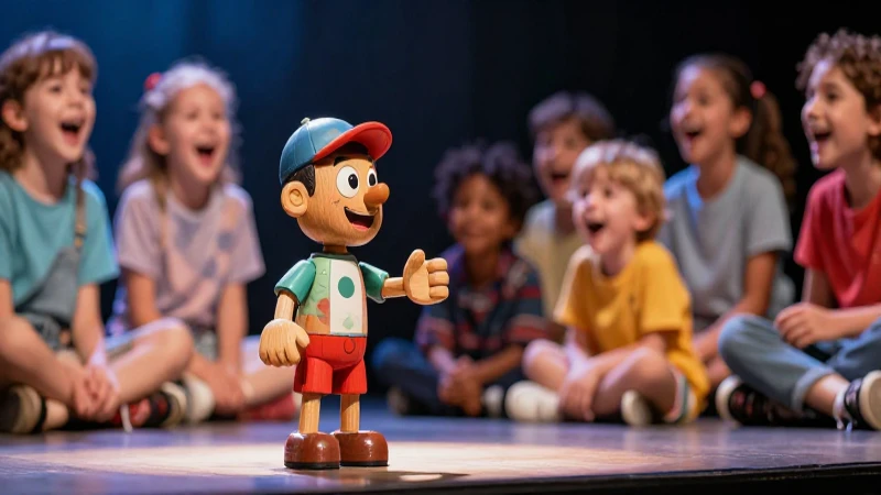 Marioneta detallada en un escenario con niños