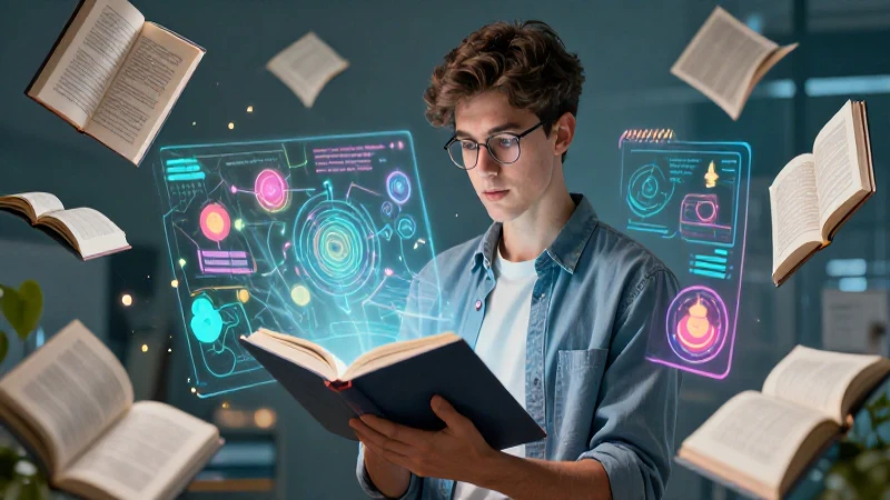 Estudiante concentrado rodeado de ciencia holográfica