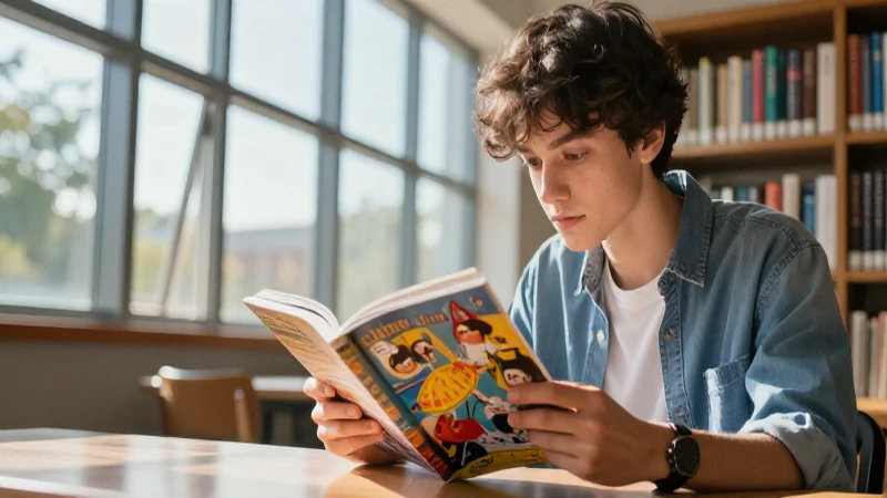 Explora la literatura: función, características y más 4 Estudiante concentrado en librería luminosa