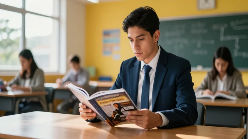 Joven académico estudia un texto educativo