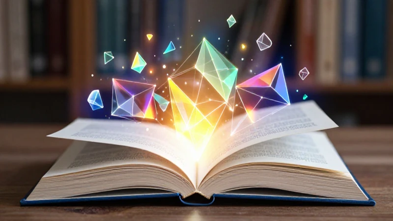 Texto, ilustración educativa, estructuras geométricas y vibrantes
