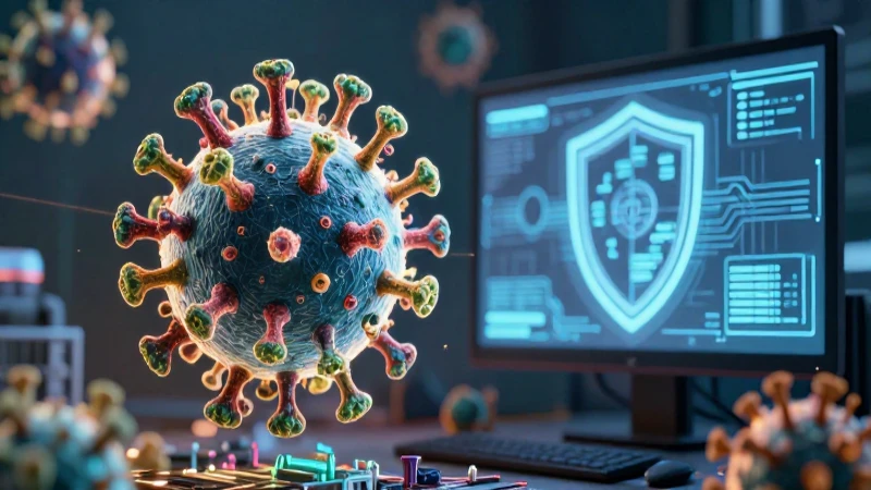 Virus brillante y escudo digital futurista