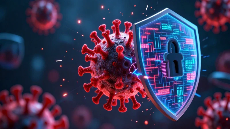 Virus digital rojo rompe escudo cibernético
