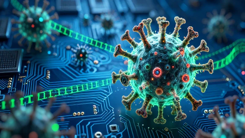 Virus digital brillante sobre circuito azul