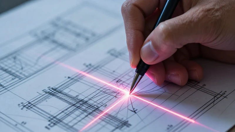 Manos técnicas anotando planos con líneas brillantes