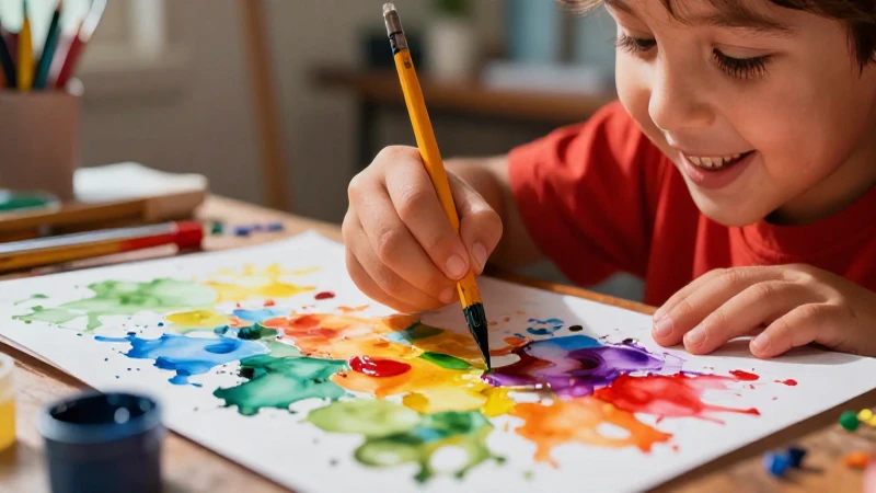 Mano de niño creando vibrante arte con acuarelas