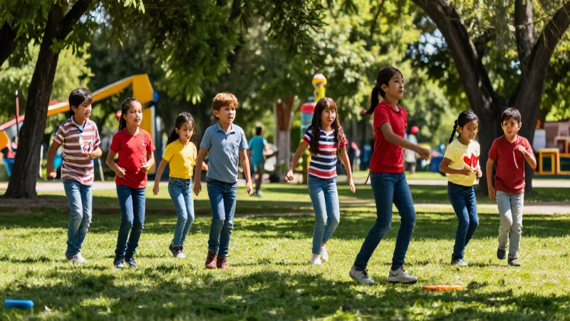 Niños mexicanos juegan dinámicamente en un parque soleado