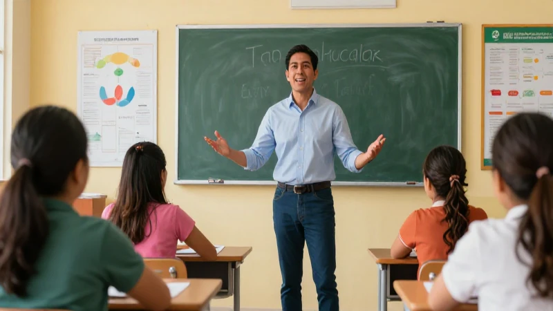 Profesor dinámico en aula moderna con impacto visual