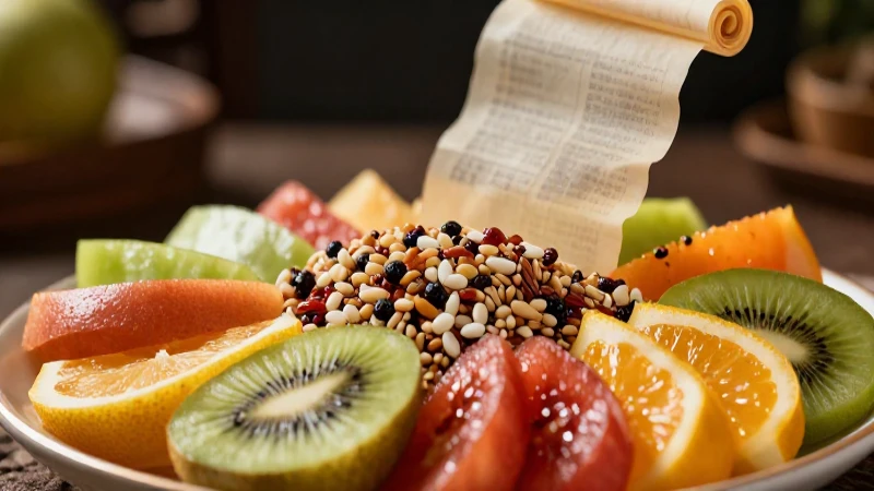 Qué es una dieta: definición, tipos e influencia en salud 3 Frutas y granos hiperrealistas con pergamino