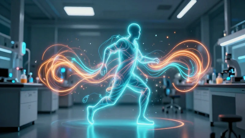 Silueta humana dinámica con ondas energéticas en laboratorio