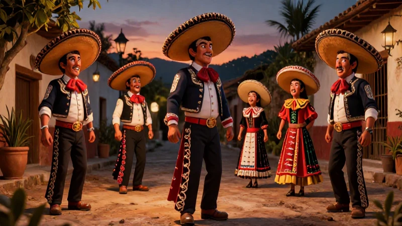 Pastorelas mexicanas vibrantes en un pueblo al atardecer
