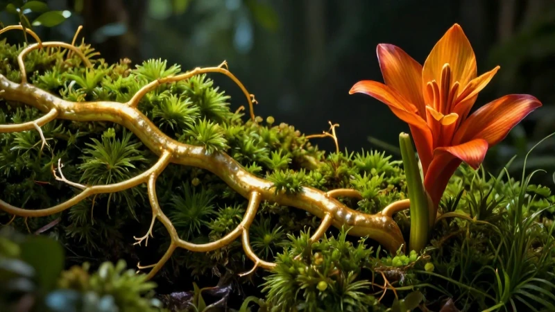 Ilustración botánica detallada de musgo y flor tropical