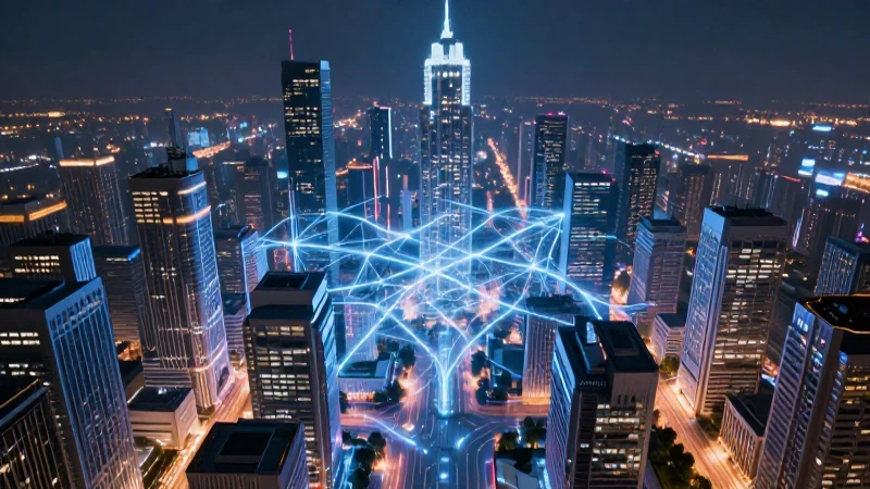 Futurista metrópolis con red de datos brillante