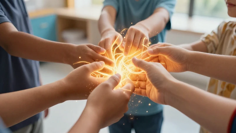 Manos diversas y energía dorada en entorno educativo moderno