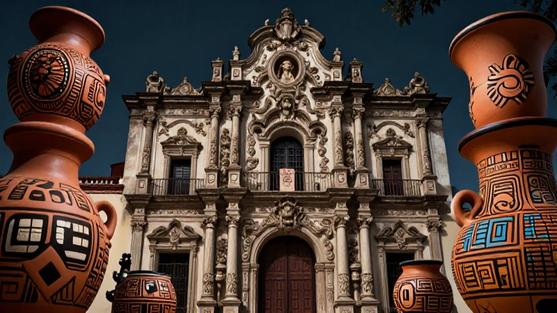 Barroco colonial fusion con cerámica mesoamericana vibrante