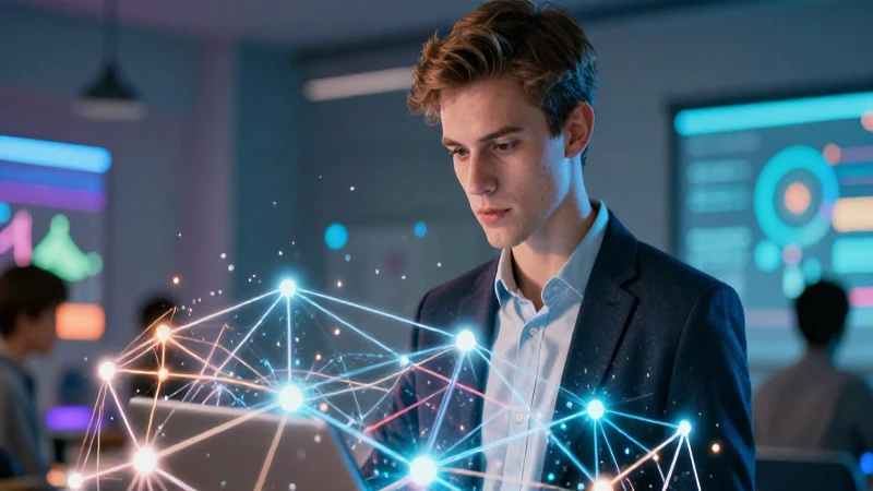 Joven profesional en red digital vibrante