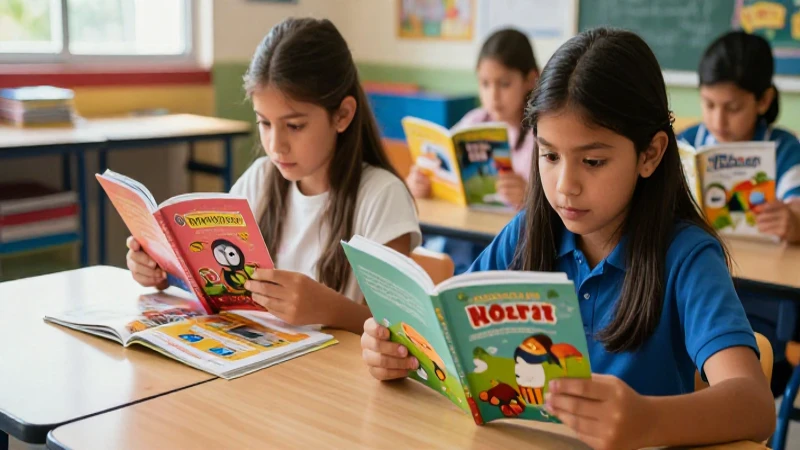 Potencia la enseñanza con estrategias pedagógicas líderes y libros de cuentos bilingües 3 Estudiantes leen libros en aula moderna y colorida