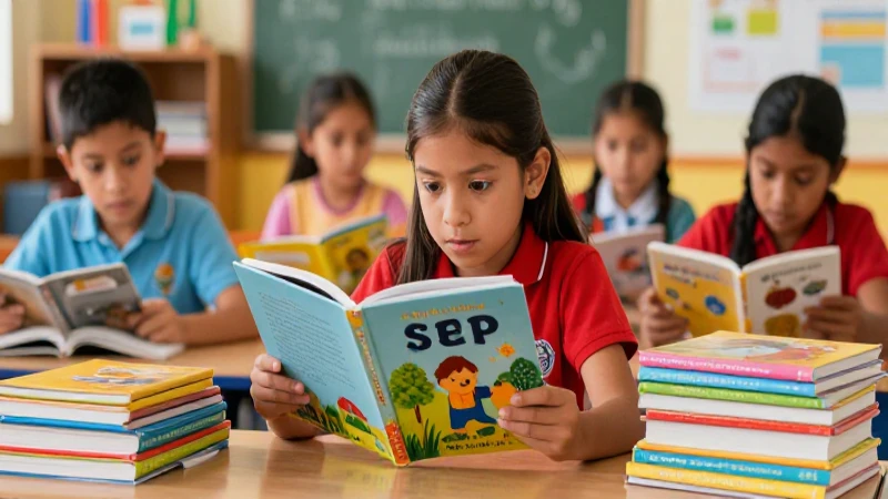 Estudiante sonríe leyendo libros coloridos en México