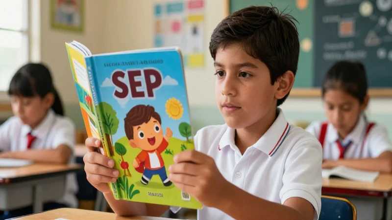 Estudiante mexicano con libro SEP vibrante