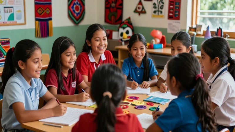 Estudiantes mexicanos sonriendo aprenden en un aula vibrante