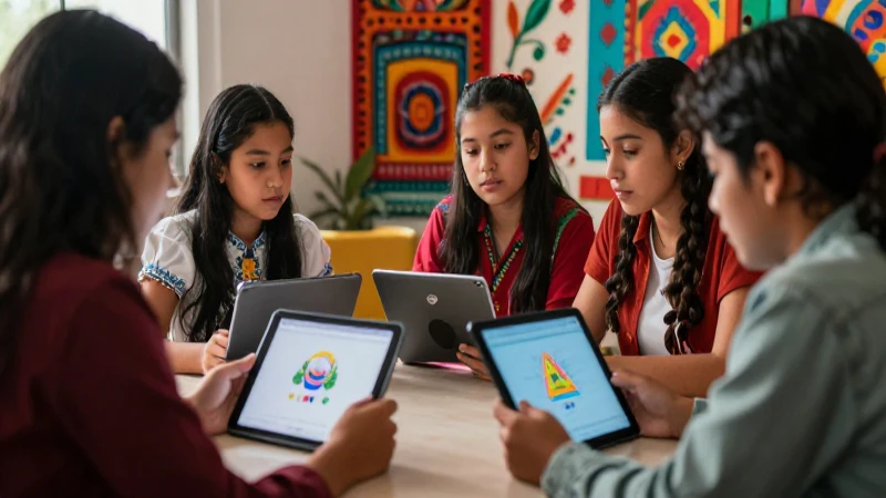 Estudiantes mexicanos aprendiendo digitalmente en un ambiente vibrante