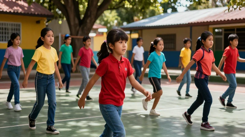 Niños mexicanos activos en vibrante clase de educación física