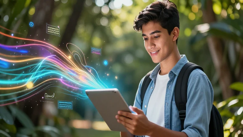 Strategias innovadoras de evaluación en la educación en línea 3 Estudiante mexicano con tablet y datos brillantes