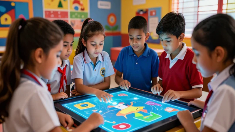 Optimiza el aprendizaje con la gamificación en escuelas de México 4 Estudiantes mexicanos aprendiendo con una interfaz interactiva brillante